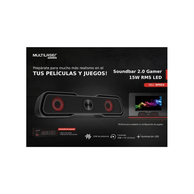 BARRA DE SONIDO  2.0 15W CONEXIÓN USB Y JACK3.1 ILUMINACION LED  RGB - SP953-2