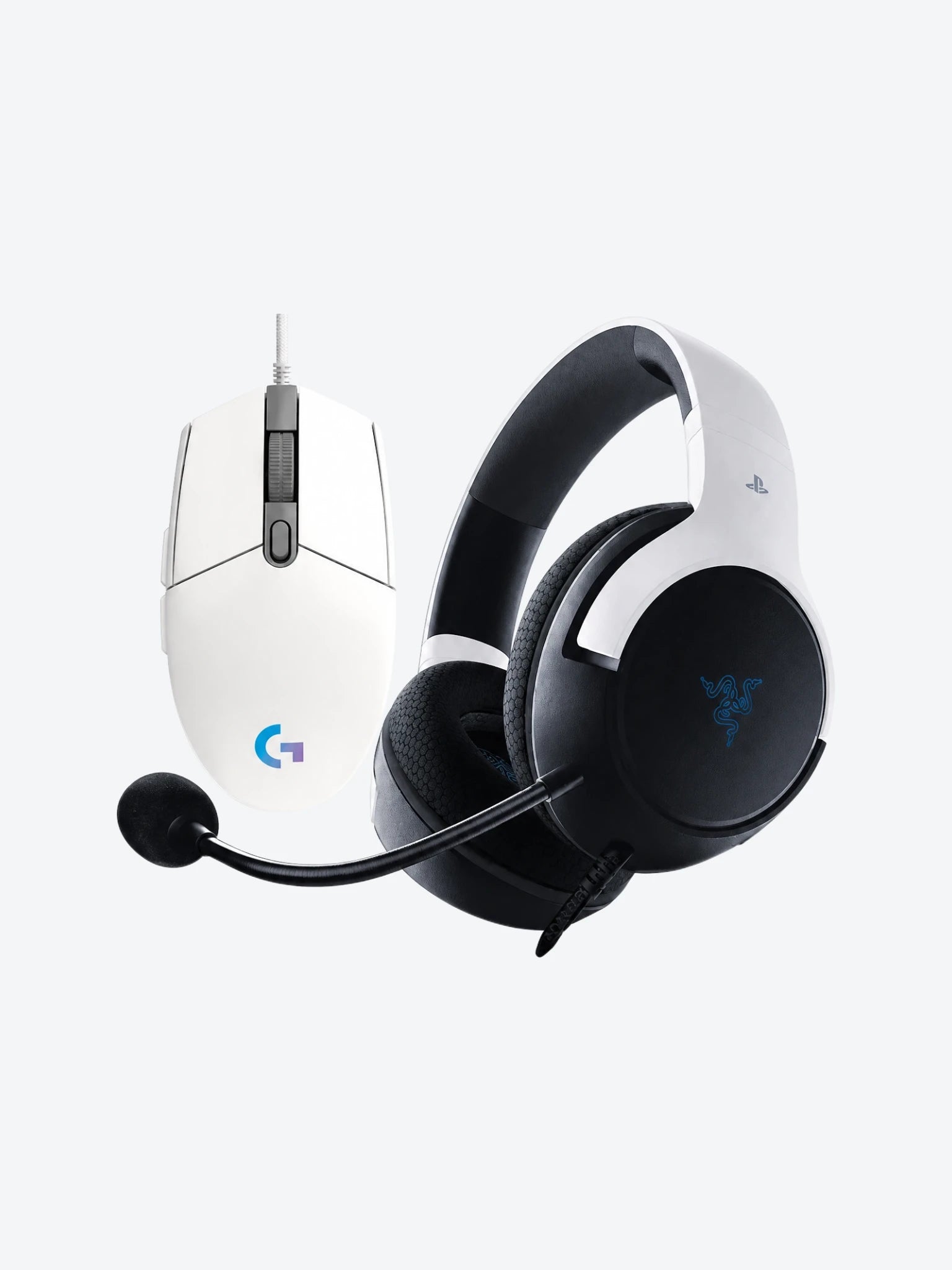 Combo de Headset Gaming Razer RZ04-03970700-R3U1 Color Blanco con Negro con Mouse Gaming Logitech G203 910-005791 Lightsync 8000 DPI Color Blanco-1