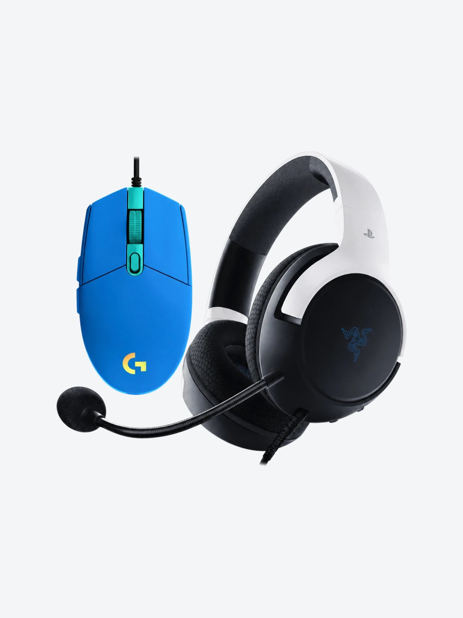 Combo de Headset Gaming Razer RZ04-03970700-R3U1 Color Blanco con Negro con Mouse Gaming Logitech G203 910-005792 Lightsync Color Azul-1