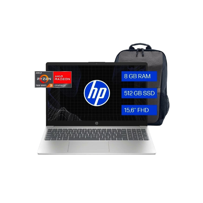 HP Laptop / 15,6 / FHD / NT / Ryzen 3 7320U / 8GB / 512GB / Win11 / Con Mochila/ Silver