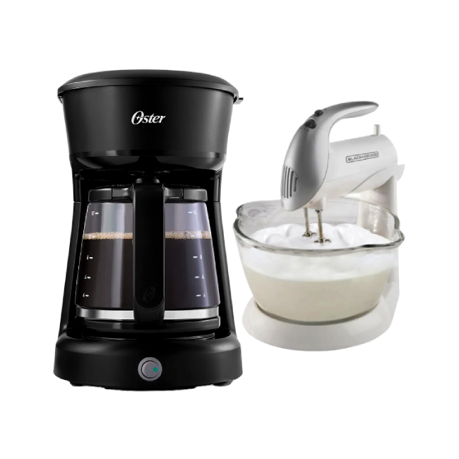 Cafetera Oster BVSTDCS12BN-013 12 Tazas Con Filtro Permanente Color Negro con Batidora Black+Decker MX900 Manual 5 Velocidades 250 Watts Tazon de Vidrio
