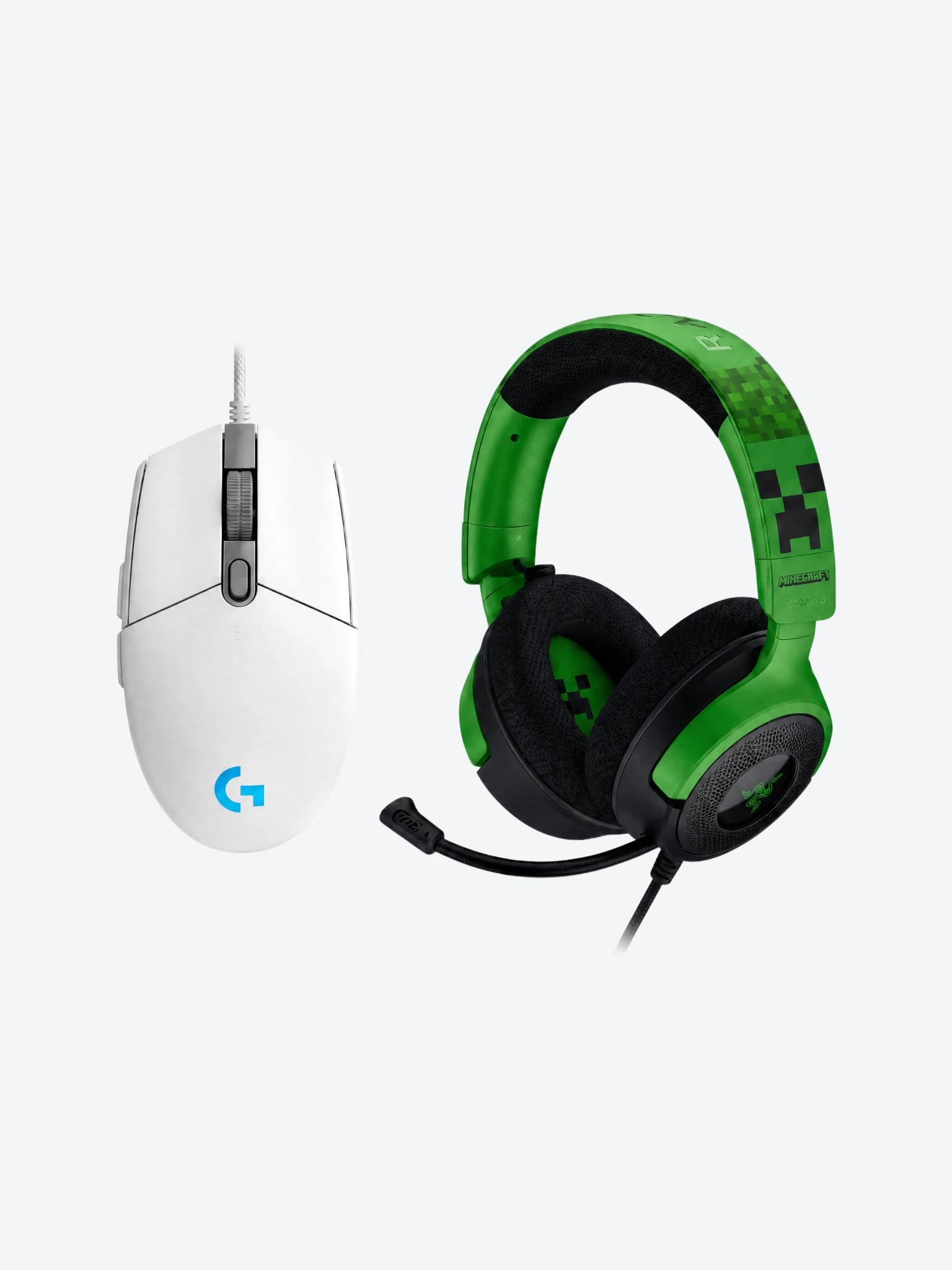 Combo de Headset Gaming Razer RZ04-05180200-R3M1 Kraken V4 X Wired Color Verde Minecraft con Mouse Gaming Logitech G203 910-005791 Lightsync 8000 DPI Color Blanco-1