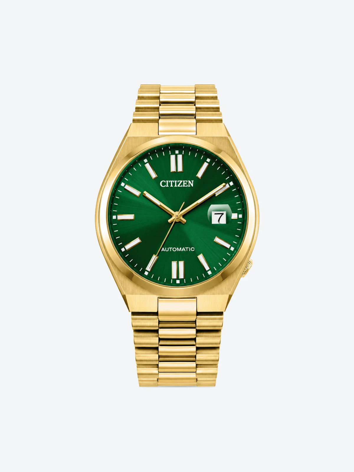 Reloj de Pulsera Automtico Tres Manecillas y Fechador de Caballero esfera verde con Caja y Banda de Acero Inoxidable Dorado.