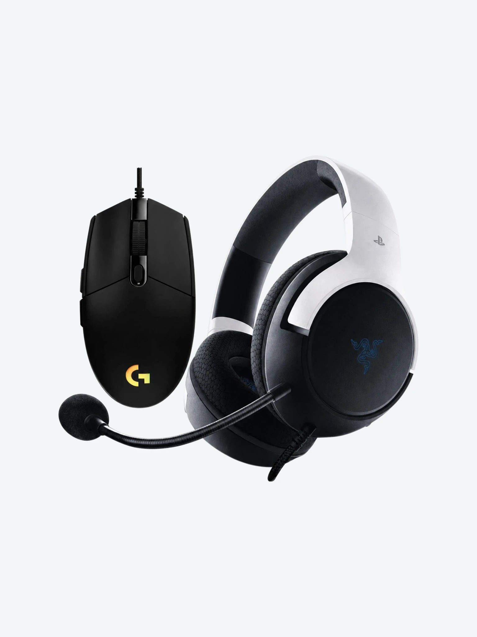 Combo de Headset Gaming Razer RZ04-03970700-R3U1 Color Blanco con Negro con Mouse Gaming Logitech G203 910-005790 Lightsync Color Negro-1