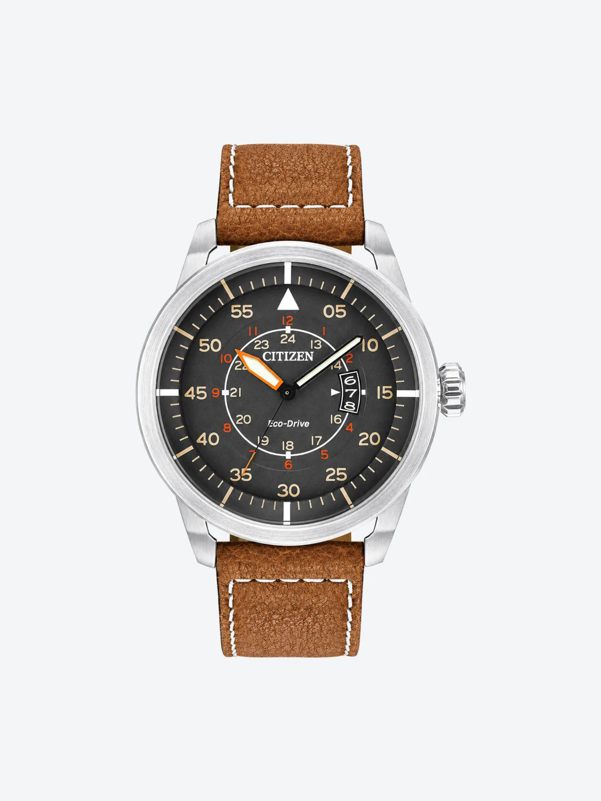 Reloj de Pulsera Anlogo Tres Manecillas Calendario Aviator y Fechador de Caballero esfera gris con Caja de Acero Inoxidable y Banda de Cuero Marrn.-1