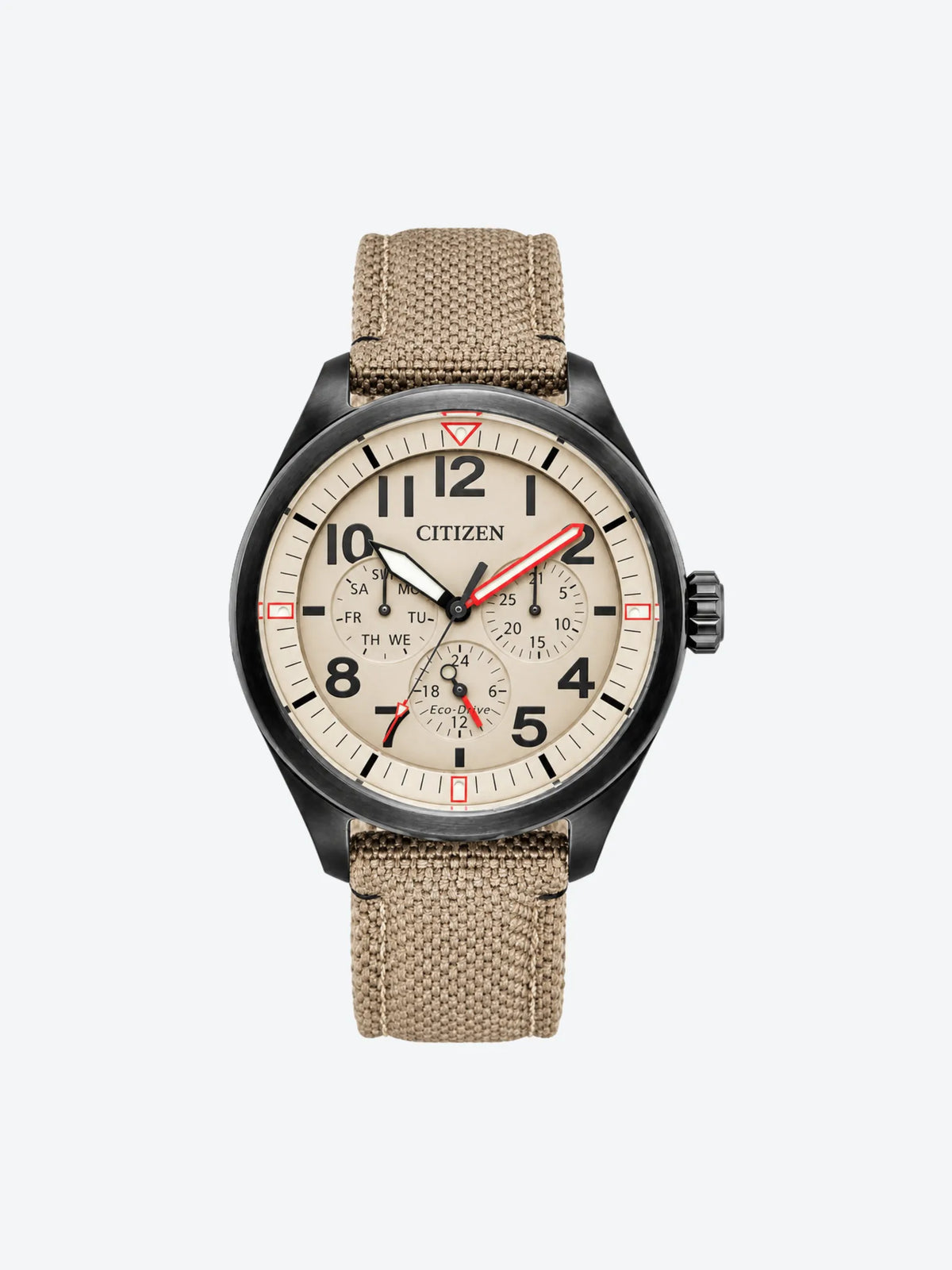 Reloj de Pulsera Anlogo Multimanecillas Calendario Indicador 24hrs Manecillas y Marcadores Luminosos de Caballero esfera beige con Caja de Acero Inoxidable BIP y Banda de Nylon Khaki.-1