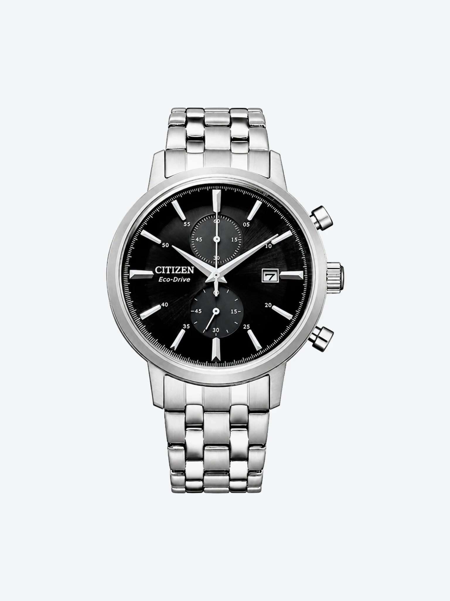 Reloj de Pulsera Anlogo Crongrafo Multimanecillas Advertencia de Carga Insuficiente y Fechador de Caballero esfera negra con Caja y Banda de Acero Inoxidable Plateado.