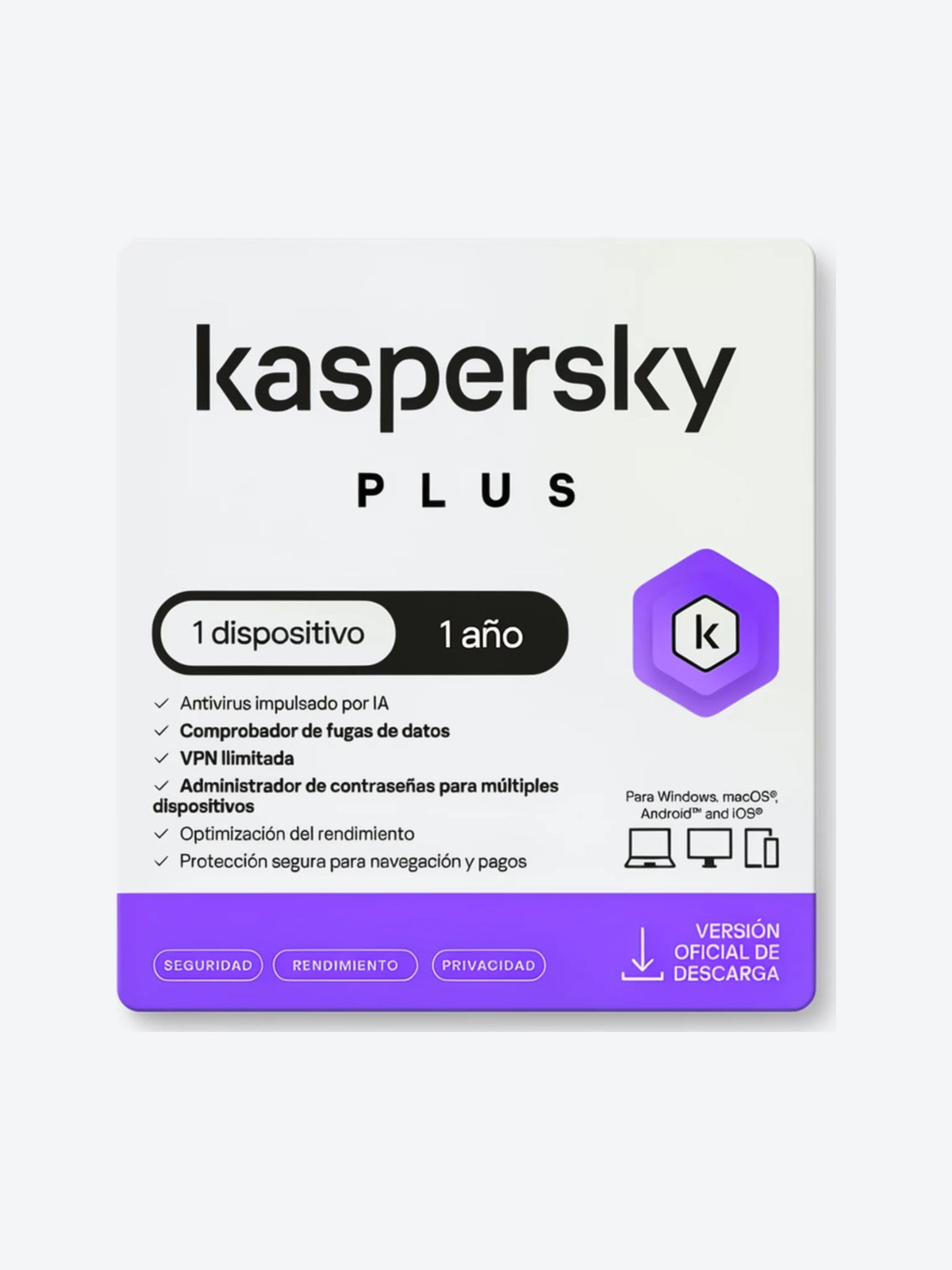 Kaspersky PLUS / 1 Dispositivo / 1 Cuenta KPM / 1 año / Base