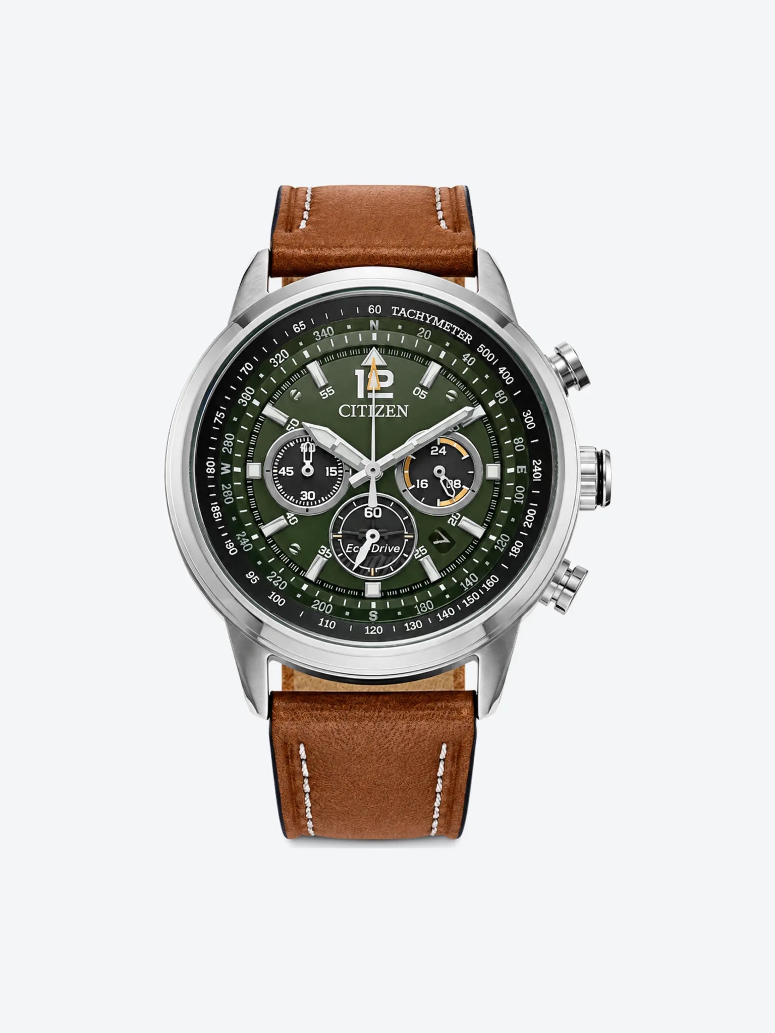 Reloj de Pulsera Anlogo Crongrafo Multimanecillas Calendario Indicador 24hrs y Fechador de Caballero esfera verde con Caja de Acero Inoxidable y Banda de Cuero Marrn.