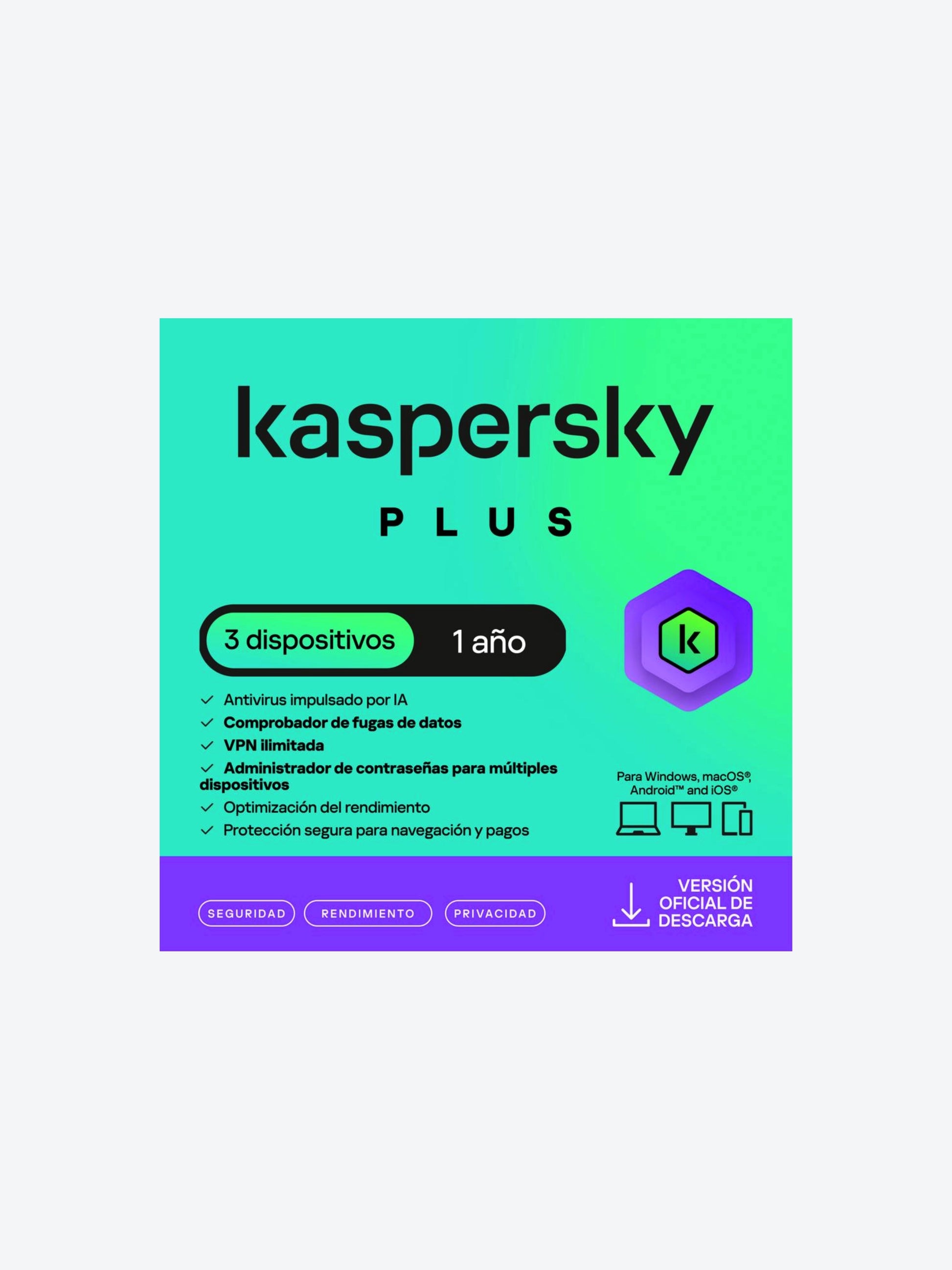 Kaspersky PLUS / 3 Dispositivos / 2 Cuentas KPM / 1 año / Base-1