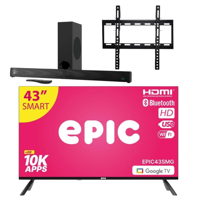 Combo de Sound Bar Klip Xtreme KSB-301 y Televisor Epic EPIC43SMG 43" con Bracket (Base) Para TV Epic EPICV23-2