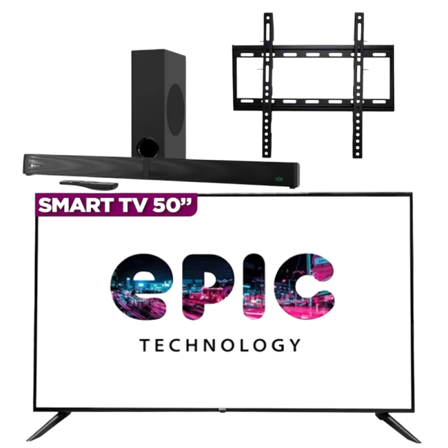 Combo de Sound Bar Klip Xtreme KSB-301 y Televisor Inteligente Epic EPIC50SMA 50" con Bracket (Base) Para TV Epic EPICV23-2
