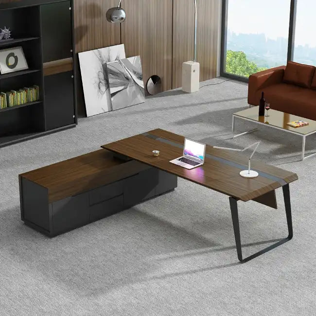 Escritorio Ejecutivo Perry Con Gabinete Derecho Color Madera con Negro-8