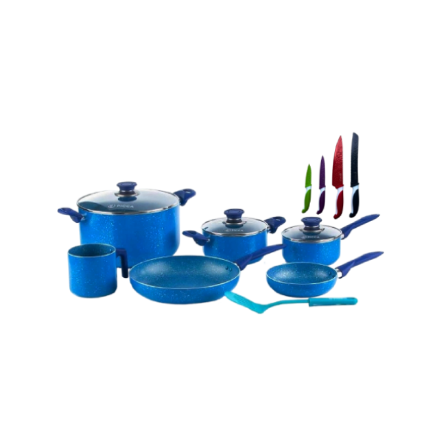 Bateria de Cocina PI0010BTA Picca Lazio 10 piezas Color Azul con Puntos Plateados con Set de Cuchillos Picca PI004SCAM 4 Piezas
