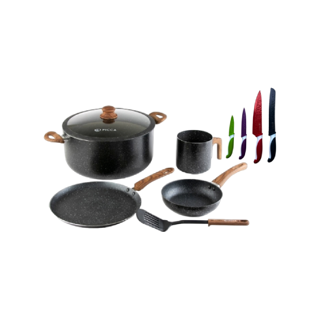Bateria de Cocina Picca Catania PI006BMG 6 Piezas Color Gris Con Efecto Plateado con Set de Cuchillos Picca PI004SCAM 4 Piezas-1