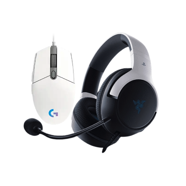 Combo de Headset Gaming Razer RZ04-03970700-R3U1 Color Blanco con Negro con Mouse Gaming Logitech G203 910-005791 Lightsync 8000 DPI Color Blanco-1