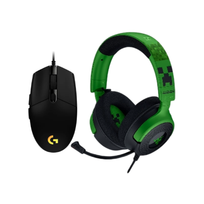 Combo de Headset Gaming Razer RZ04- 05180200- R3M1 Kraken V4 X Wired Color Verde Minecraft con Mouse Gaming Logitech G203 910-005790 Lightsync Color Negro-1