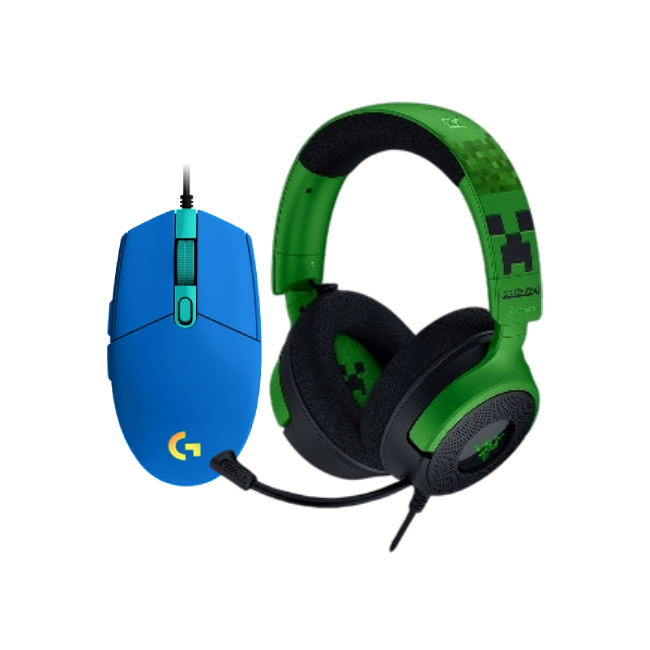 Combo de Headset Gaming Razer RZ04-05180200-R3M1 Kraken V4 X Wired Color Verde Minecraft con Mouse Gaming Logitech G203 910-005792 Lightsync Color Azul-1