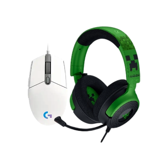 Combo de Headset Gaming Razer RZ04-05180200-R3M1 Kraken V4 X Wired Color Verde Minecraft con Mouse Gaming Logitech G203 910-005791 Lightsync 8000 DPI Color Blanco-1