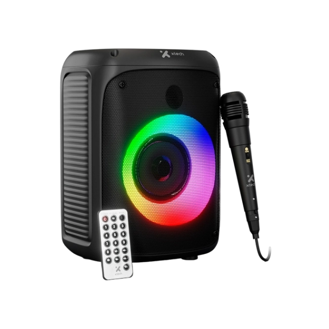 Mini Bocina Xtech XTS-661 Portatil con Microfono y Control Remoto Luces LED Color Negro